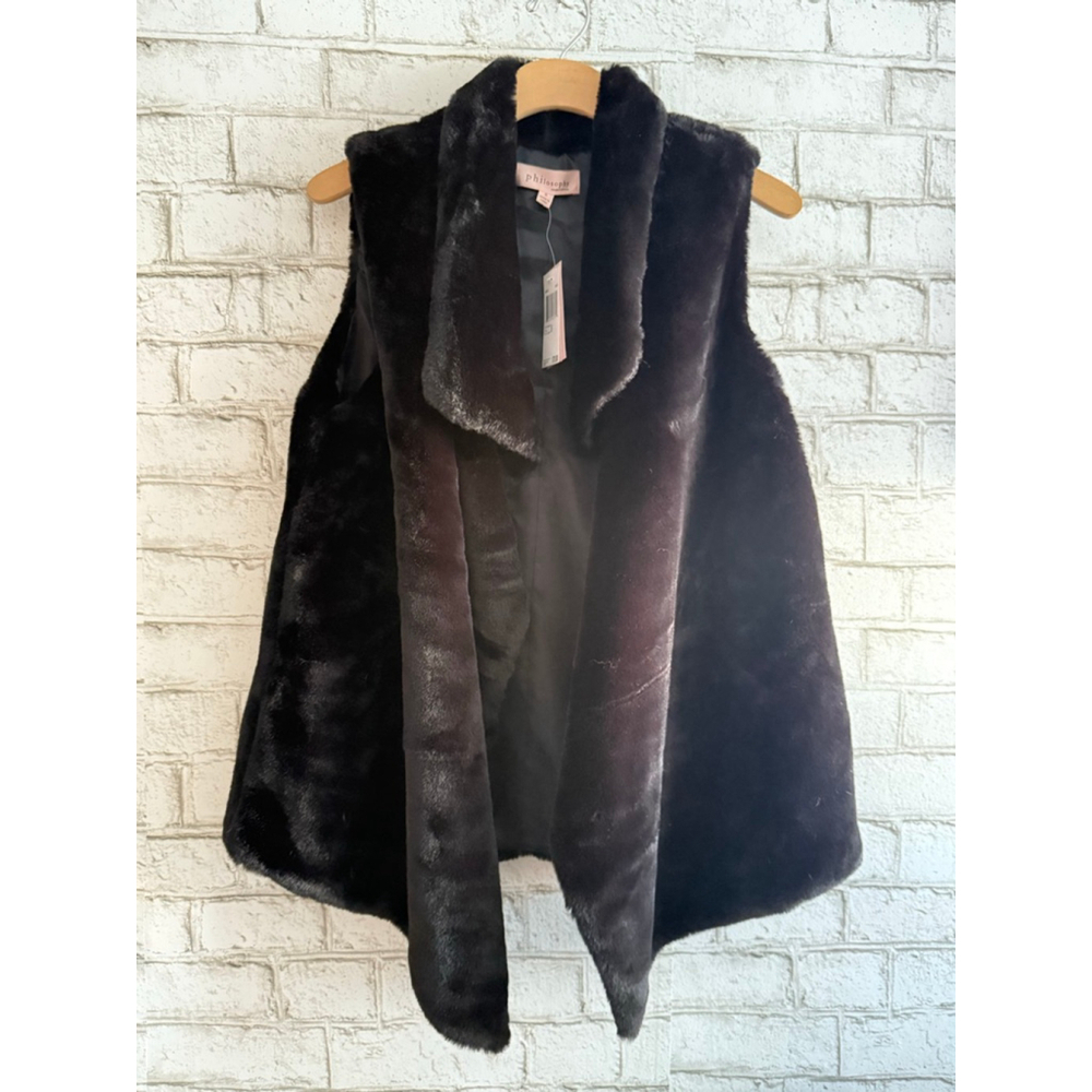NWT Philosophy Faux Fur Open Front Vest Black Size Small - Picture 1 of 5